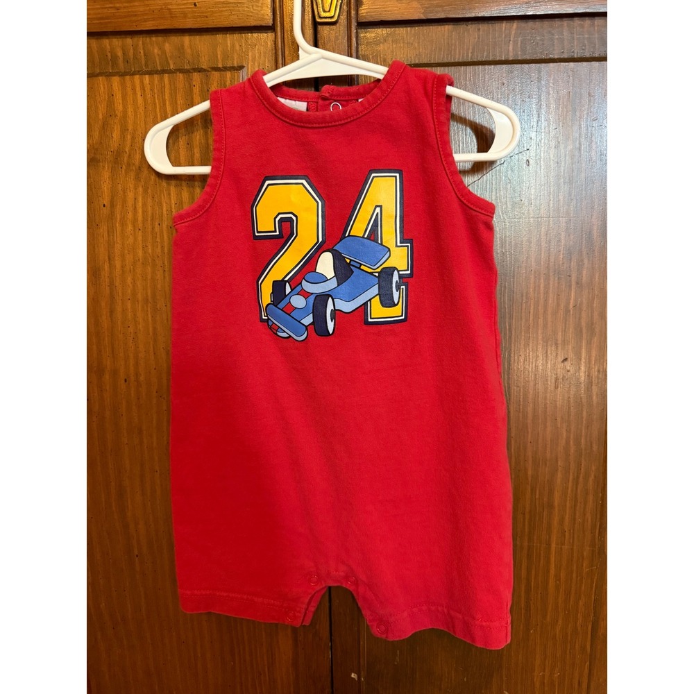 Green Dog Boys Red Race Car 24 Sleeveless Cotton Romper 18M Vintage 2001